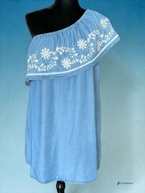 💖 Embroidered One Shoulder Chambray Dress 💖